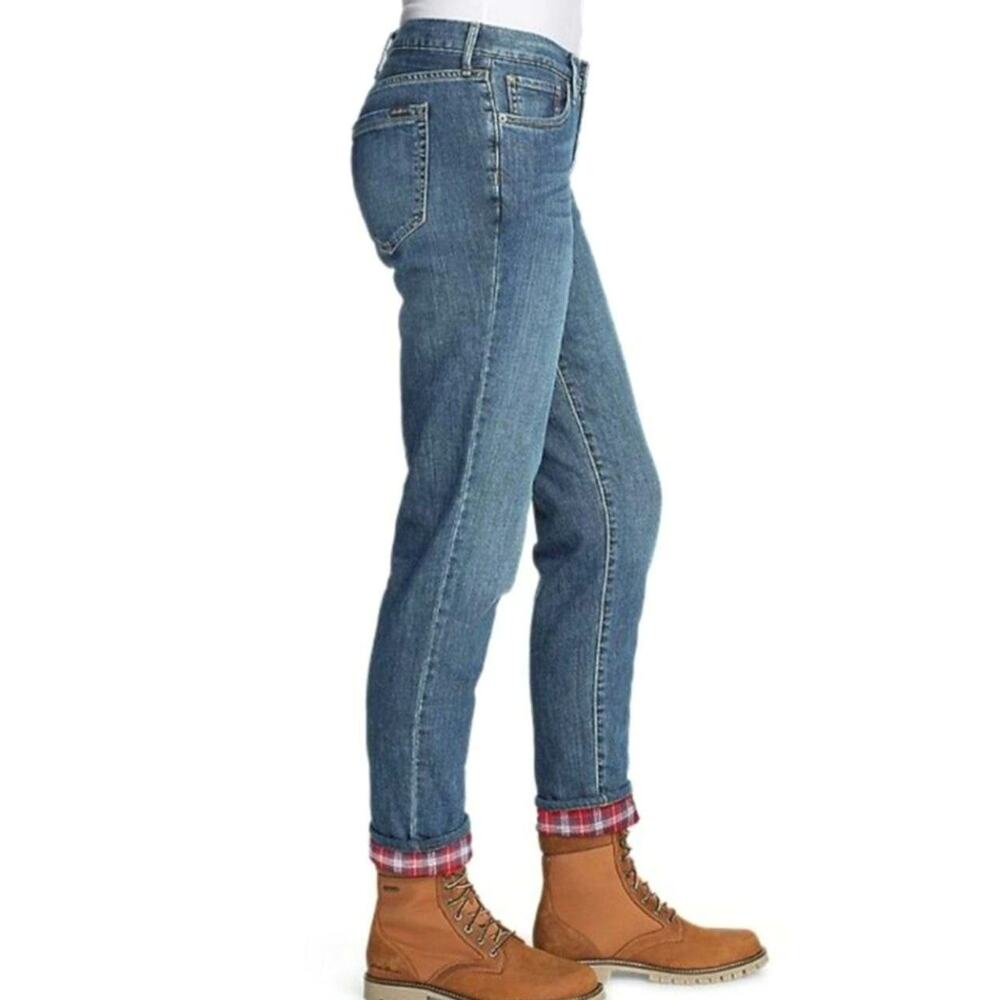 Eddie Bauer Flannel Lined Jeans Boyfriend Fit Womens Sz 14 Medium Wash Red Plaid - Picture 11 of 14
